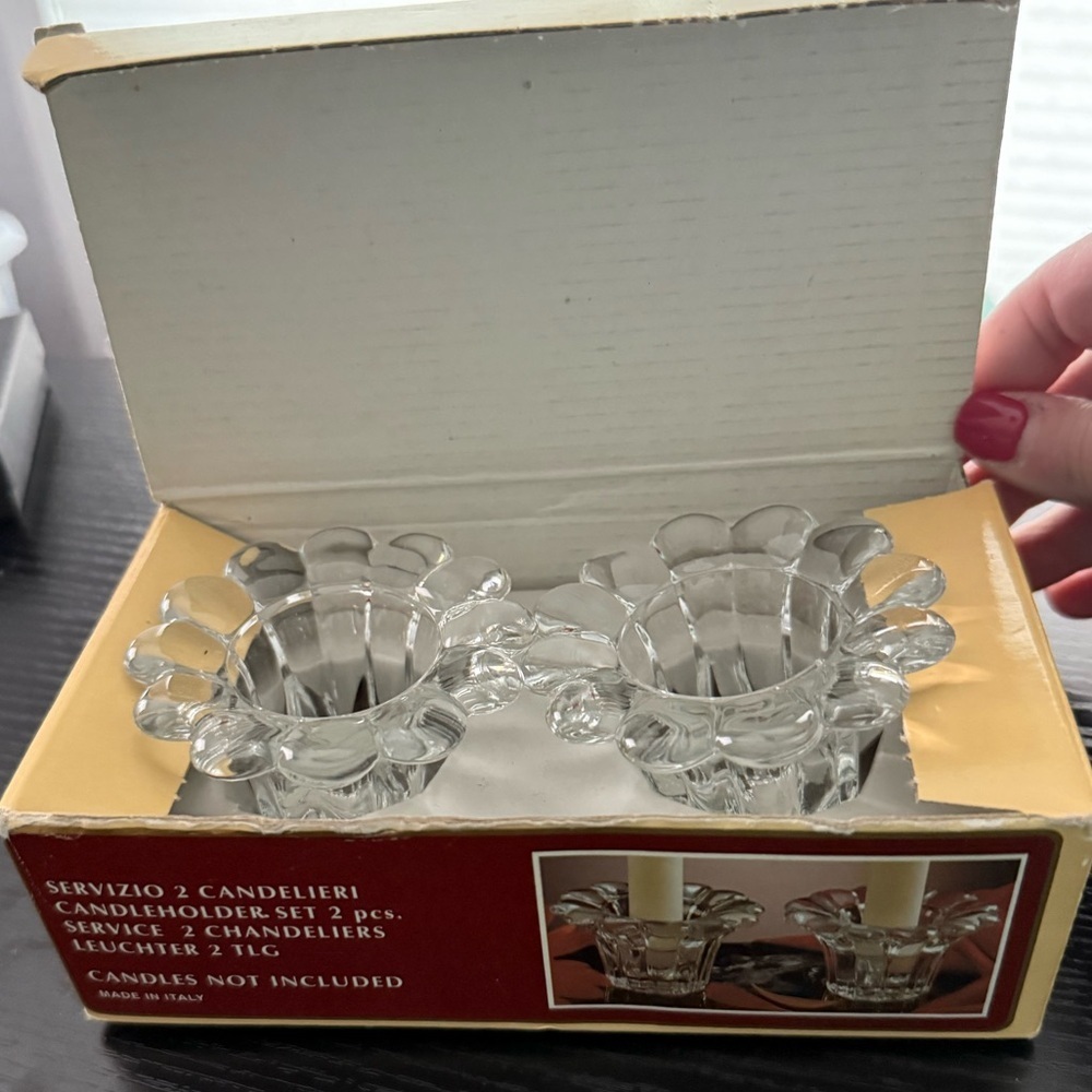 Vintage Borgonovo | 2 Pc Glass Candleholder Set in Box | Queen Made in Italy - Picture 2 of 9